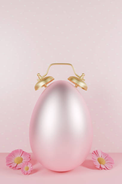 Easter egg with an alarm clock, surrounded by flowers, set against a pink background. 3d rendering