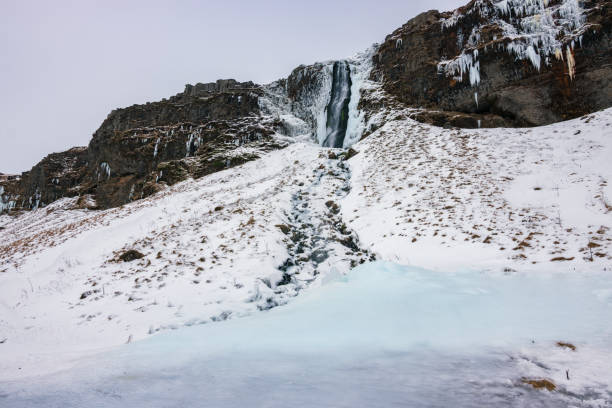 Beautiful Seljalandsfoss waterfall and surrounding area in winter (South Iceland)