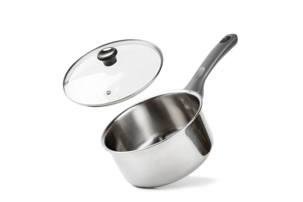 Stainless steel saucepan isolated on white background. Modern saucepan. Kitchen utensils. Cooking pan. Cooking concept. Mockup