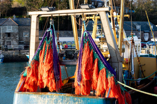 The stern of a fishing boat with colourful fishing gear.