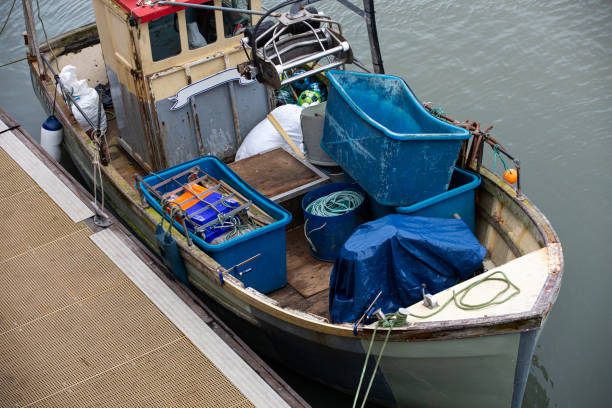 Equipment and fishing gear on the deck viewed from the top.