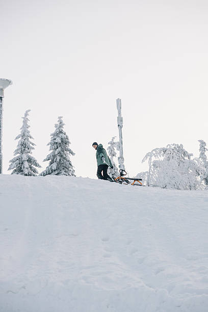 istock Girl pulling sledge uphill on snowy slope in winter landscape 2204756402