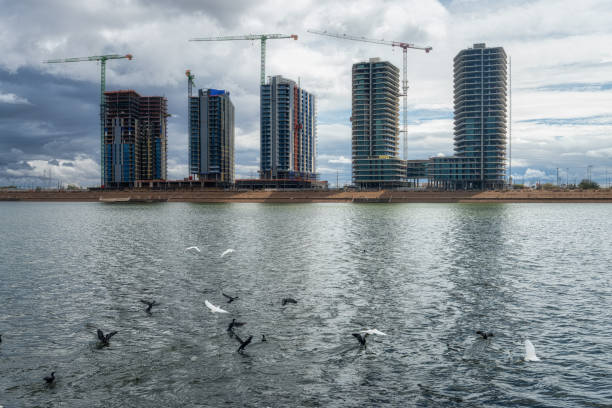 New apartment buildings under construction on Tempe Town Lake in Tempe, Arizona.