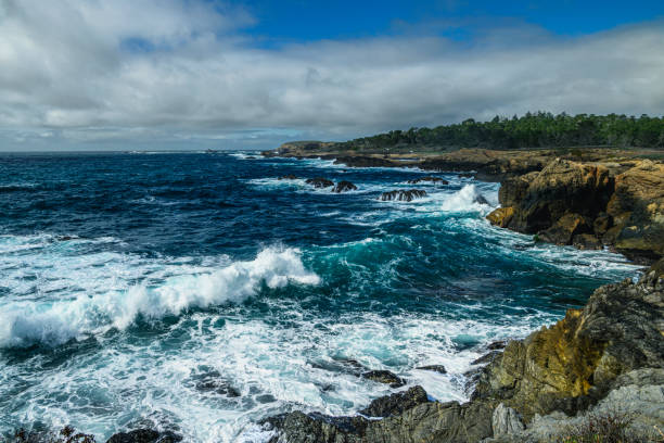 High angle view of rocky shore and crashing ocean waves along the Big Sur coast.Taken from Point Lobos Sate Park, California, USA