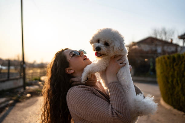 istock Woman Smiling While Holding Her Fluffy Dog Outdoors Under Sunset 2204772940