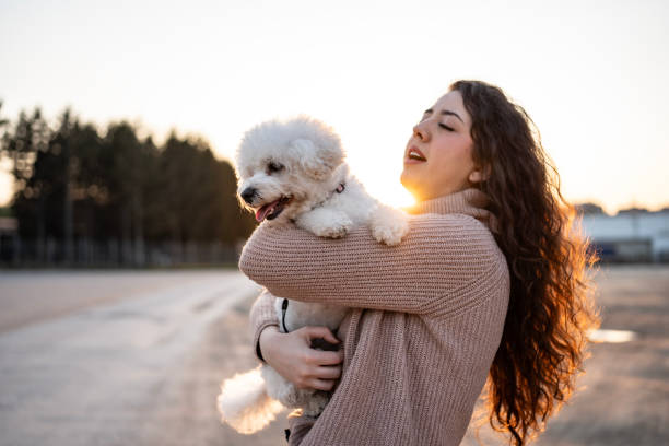 istock Young Woman Embracing Her Fluffy White Dog Outdoors at Sunset 2204776894