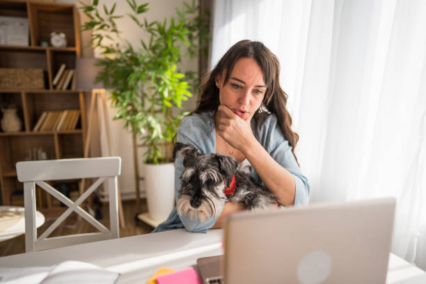 istock Woman working from home and holding her dog while having a video call 2204788184