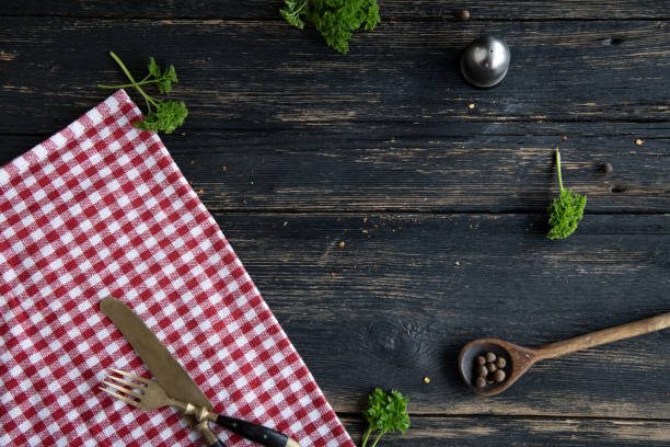 Rustic Culinary Background with Spices and Cutlery with copy space