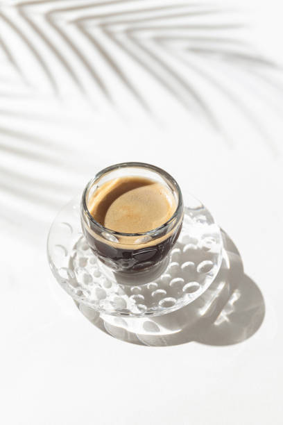 istock A cup of coffee on white background with palm tree leaf shadow. Minimal style 2204807482