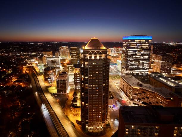 istock Aerial of downtown at dusk 2204811622