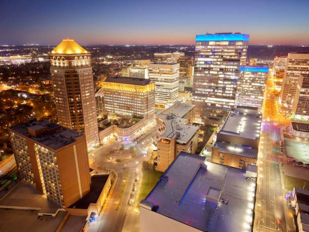 istock Aerial of downtown at dusk 2204811628