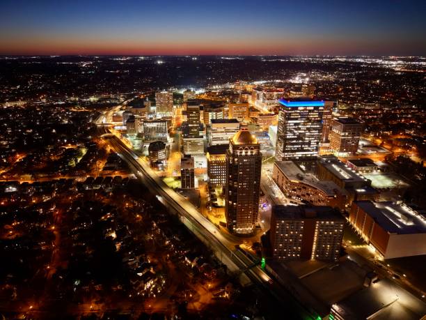 istock Aerial of downtown at dusk 2204811637