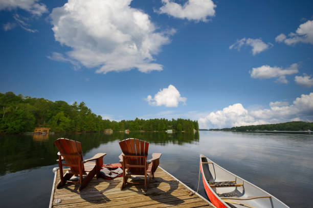 istock Adirondack chairs on a dock with a canoe, overlooking Muskoka lake. 2204814762