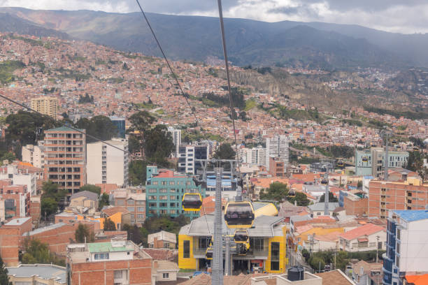 istock Urban Cable Car Over Cityscape with Mountain View 2204818048
