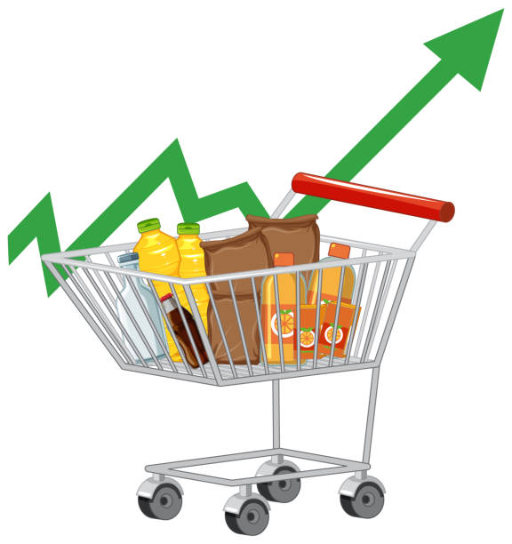 istock Shopping cart with upward trend arrow and groceries 2204821736