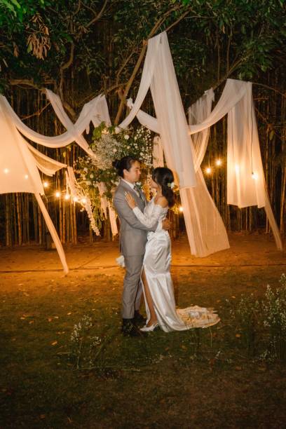 istock Newlyweds Share a Romantic Moment Under Wedding Lights Embracing Eachother 2204826843