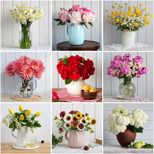 Collage showcasing nine distinct floral arrangements, each highlighting different flower types and containers. peonies and daffodils, roses and phlox, dahlias and daisies