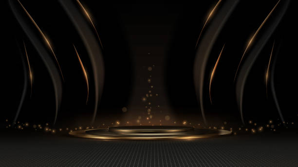 istock Empty black display stand with golden curves decorated with golden glow effect and bokeh on dark background, black luxury stage design idea. 2204831844
