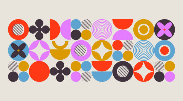 A contemporary abstract geometric pattern featuring a combination of circles, semi-circles, crosses, and lines in bold and contrasting colors. The design showcases a Bauhaus-inspired aesthetic with modern symmetry and artistic balance, ideal for backgrounds, textiles, and creative design projects.