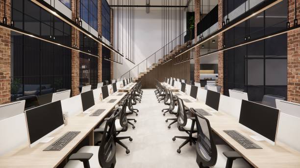 3D image of a environmentally friendly office space.3D image of an environmentally friendly coworking office space 3D image of a environmentally friendly office space.3D image of an environmentally friendly coworking office space ofis eskort stock pictures, royalty-free photos & images
