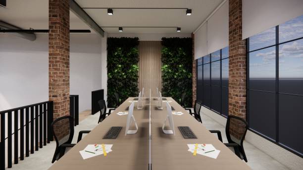 istock 3D image of a environmentally friendly office space.3D image of an environmentally friendly coworking office space 2204834719
