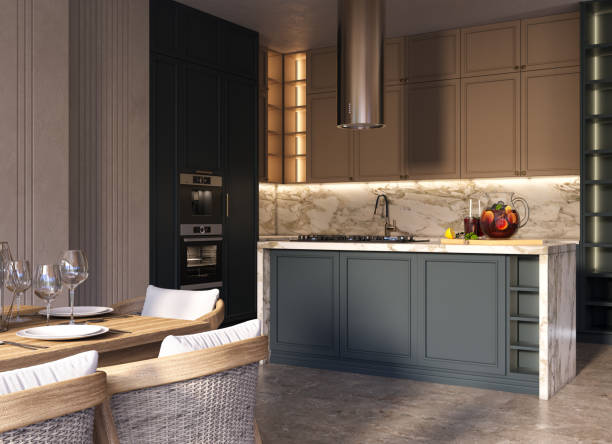 istock Modern Organic Kitchen and Dinig Room Interior Design. 3D Modelling. 2204835352
