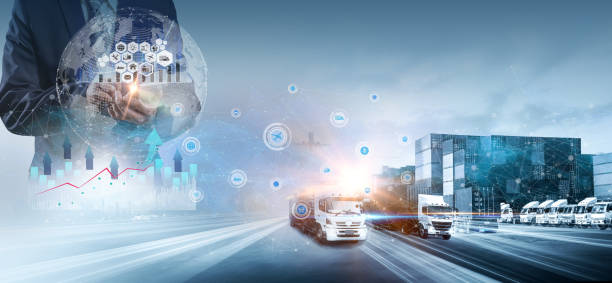 istock World map with logistic network distribution on background. Logistic and transport concept in front Logistics Industrial Container Cargo freight ship for Concept of fast or instant shipping, Online goods orders worldwide 2204837117