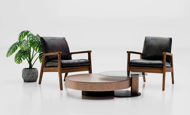 istock Minimalist setup with two chairs, a coffee table, and a floor plant on a white background 2204838131