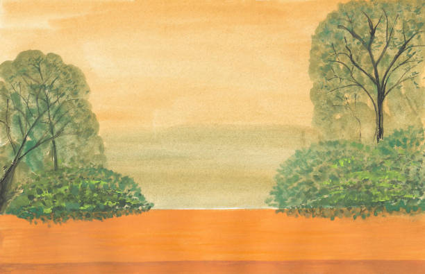 istock Watercolor painting nature background of trees with table, empty product display backdrop platform. 2204848104