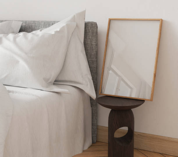 istock frame mockup, bedroom cozy modern home interior, bed empty bedside wood pattern and wall background. room 3D render 2204855896