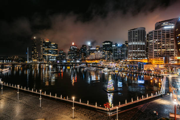 Darling Harbor in Sidney in Australia at night.