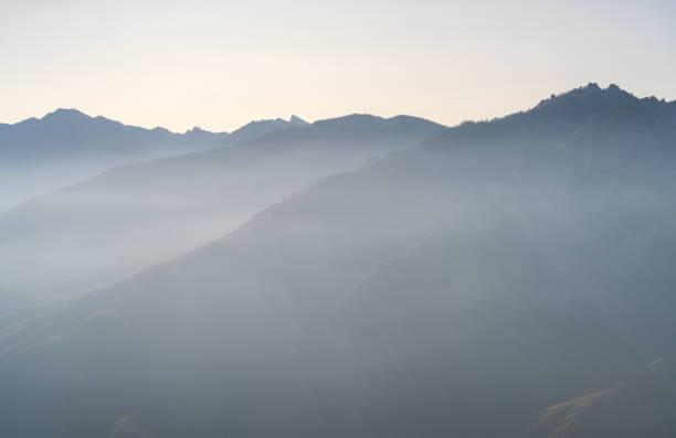 Aerial view of mountains and valleys at sunrise, Albulapass
