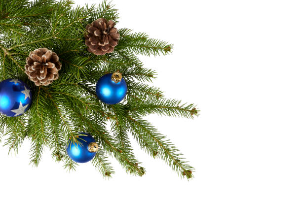 christmas tree branch with ornament decoration corner border isolated on white