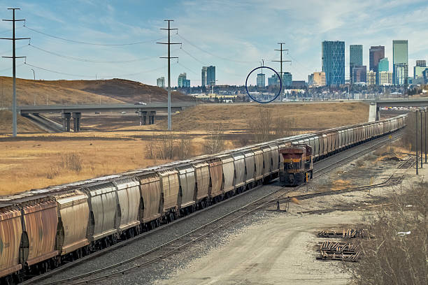 Calgary, Alberta, Canada. Mar 10, 2025. A long freight train travels on tracks through a landscape with dry grass, towards a distant city skyline. Power lines are visible in the foreground and sky.