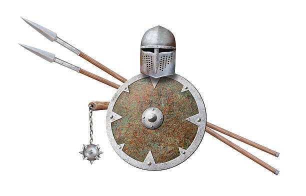 istock medieval helmet shield chain mace and two spears isolated on white 2204862948