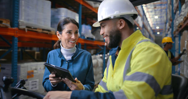 istock Shipping, people and manager in warehouse with tablet, coordination and distribution. Quality control, woman and checklist in storage facility with delivery, export or logistics in supply chain 2204864081