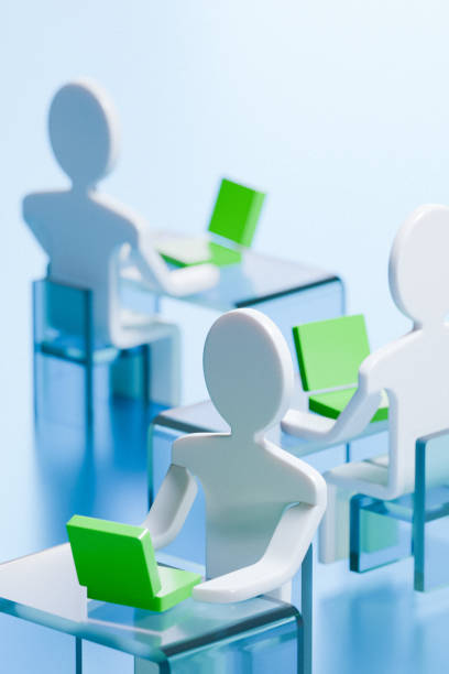 A group of minimalist figures working on laptops in a structured office setting, symbolizing the shift back to in-person collaboration. The transparent purple desks and chairs reflect a modern, corporate environment where teamwork and productivity thrive.
