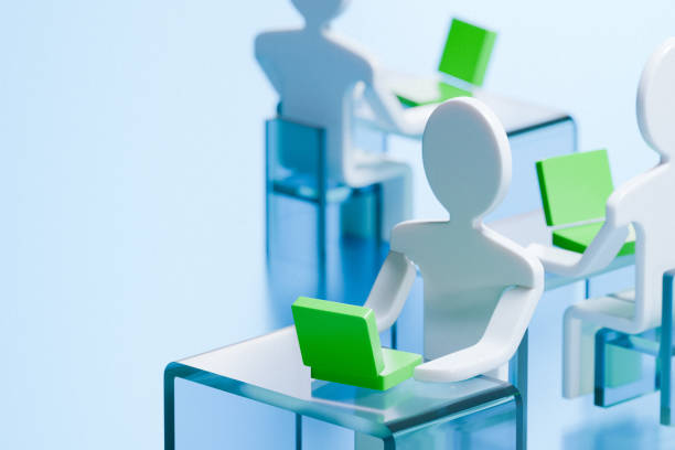A group of minimalist figures working on laptops in a structured office setting, symbolizing the shift back to in-person collaboration. The transparent purple desks and chairs reflect a modern, corporate environment where teamwork and productivity thrive.