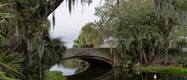 istock Spanish Moss Bridge in Tranquil Park Setting, Historic Stone Bridge Beneath Moss-Draped Oak Trees, Serene Waterfront Path with Overhanging Moss 2204876061
