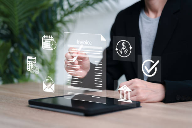 E-invoice and online digital statements technology concept, Businesswomen send digital invoices, timeline invoices, E-tax digital receipts, streamlining billing and payment processes Modern style