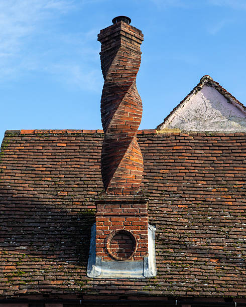 A house with an unusual twisted spiral chimney in the pretty town of Sudbury in Suffolk, UK.