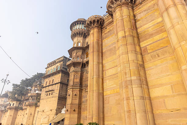 Varanasi, Uttar Pradesh, India - January 2024: Architecture view of ancient building and temples at the ghats near river ganges in varanasi.