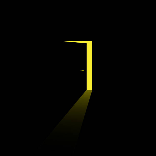 istock Dark room concept. Yellow light entrance. Vector open door. Mysterious black background. 2204886615