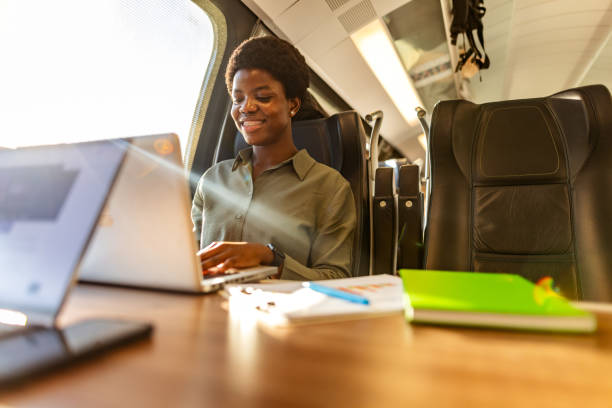 Young Businesswoman Working on a Laptop While Traveling on a Train