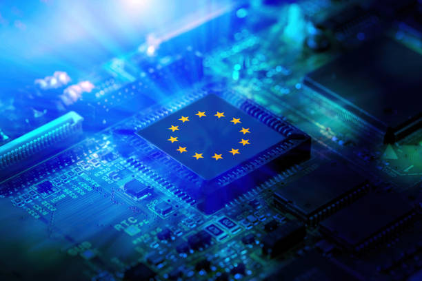 bandiera ue su un processore cpu. produttore europeo di chip, microchip gpu su una scheda madre. - europe foto e immagini stock
