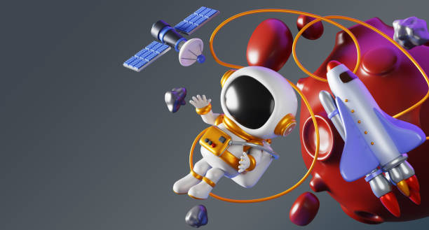 3d astronaut and spaceship in outer space. Render cartoon spaceman character in spacesuit floating in zero gravity, exploring red mars planet among flying rock asteroids and satellite. 3D illustration