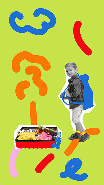 istock Boy with backpack looking back at open suitcase filled with travel essentials, set against abstract background. 2204895506