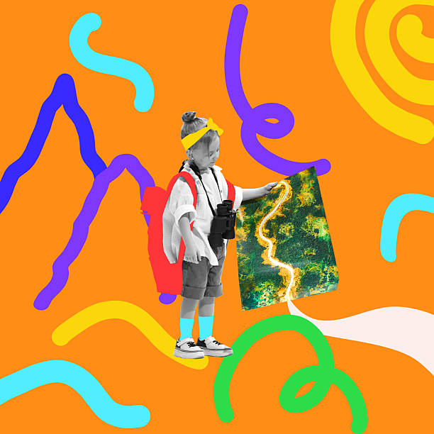 istock Curious child girl going on trip with backpack and binoculars, holding scenic map on colorful abstract background. 2204895510