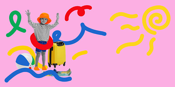 istock Joyful boy in striped outfit with hat and floatie, surrounded by suitcases and beach elements, ready for summer fun. 2204895512