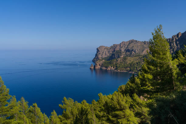 Breathtaking view secluded beach Cala Tuent surrounded by mountains Serra de Tramuntana , Mallorca, Spain. Crystal water, picturesque cliffs, green mountains.